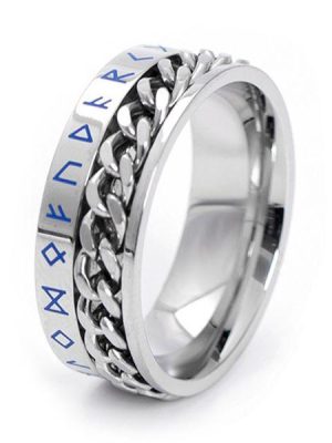 Viking Script Titanium Steel Wedding Band - Silver Chain Design, 8mm
