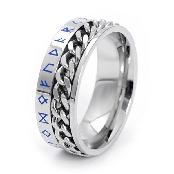 Viking Script Titanium Steel Wedding Band - Silver Chain Design, 8mm