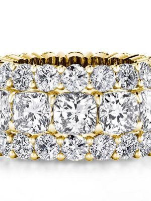Golden Triple Row Cushion Cut CZ Eternity Wedding Band - 18K Gold Plated Sterling Silver
