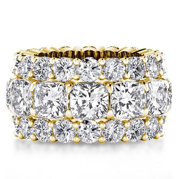 Golden Triple Row Cushion Cut CZ Eternity Wedding Band - 18K Gold Plated Sterling Silver