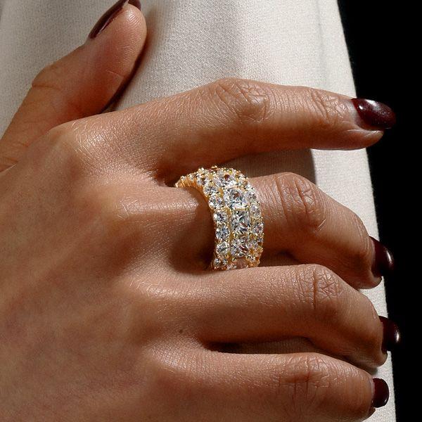 Golden Triple Row Cushion Cut CZ Eternity Wedding Band - 18K Gold Plated Sterling Silver
