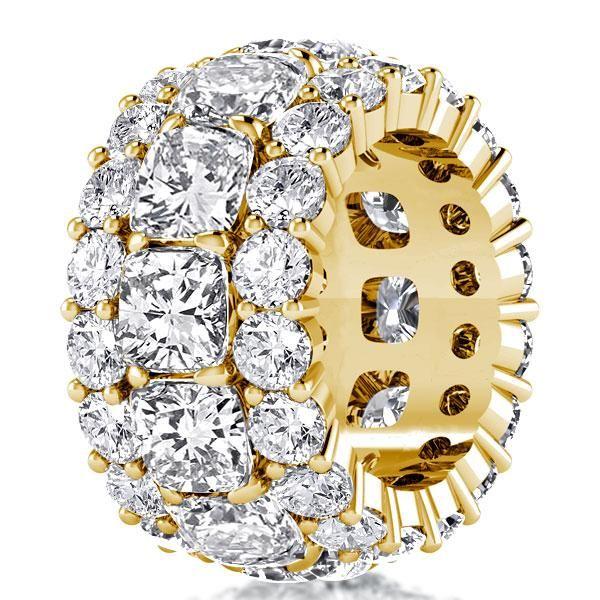 Golden Triple Row Cushion Cut CZ Eternity Wedding Band - 18K Gold Plated Sterling Silver
