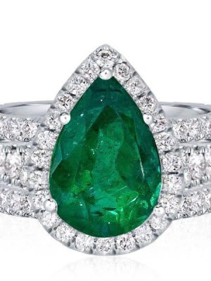Emerald Green Sapphire Halo Pear Cut 3PC Wedding Ring Set - Sterling Silver