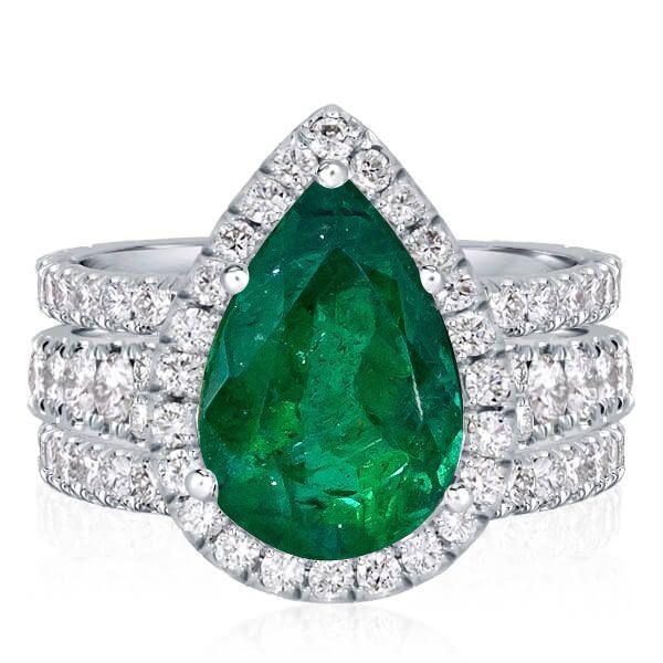 Emerald Green Sapphire Halo Pear Cut 3PC Wedding Ring Set - Sterling Silver