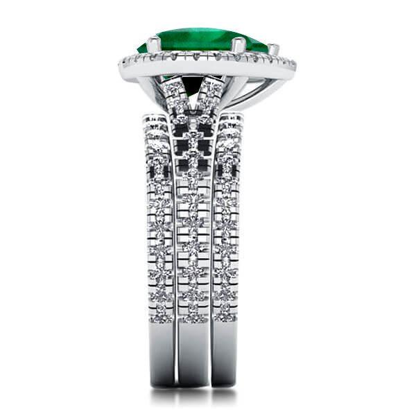 Emerald Green Sapphire Halo Pear Cut 3PC Wedding Ring Set - Sterling Silver