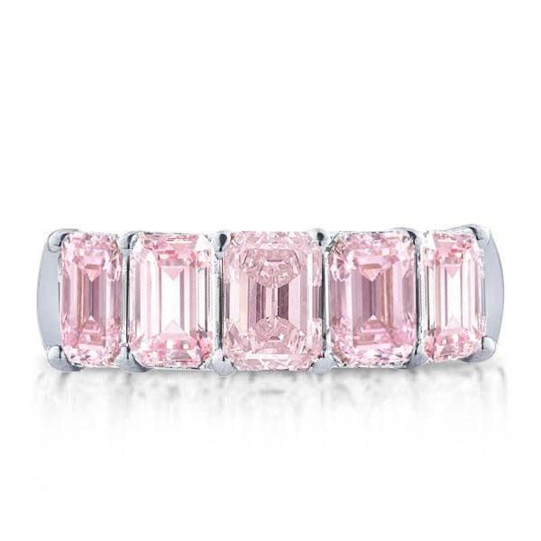 Half Eternity Emerald Cut Created Pink Sapphire Wedding Band in 925 Sterling Silver