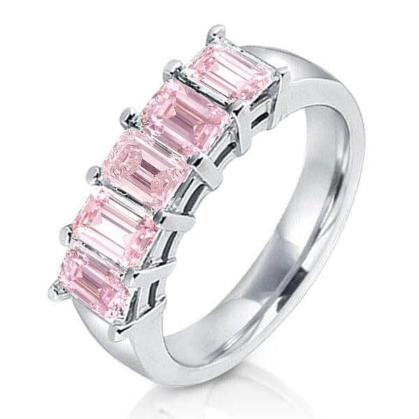 Half Eternity Emerald Cut Created Pink Sapphire Wedding Band in 925 Sterling Silver