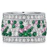 Multi-Row Emerald Wedding Band Ring in 925 Sterling Silver with Pink Stone Accents
