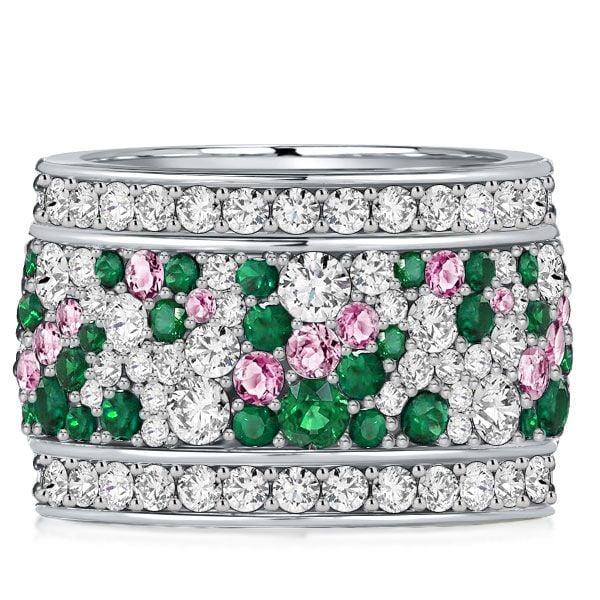 Multi-Row Emerald Wedding Band Ring in 925 Sterling Silver with Pink Stone Accents