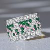 Multi-Row Emerald Wedding Band Ring in 925 Sterling Silver with Pink Stone Accents