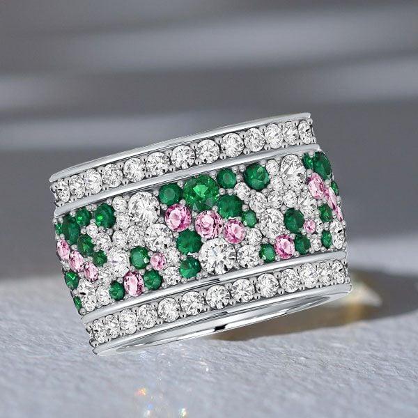 Multi-Row Emerald Wedding Band Ring in 925 Sterling Silver with Pink Stone Accents