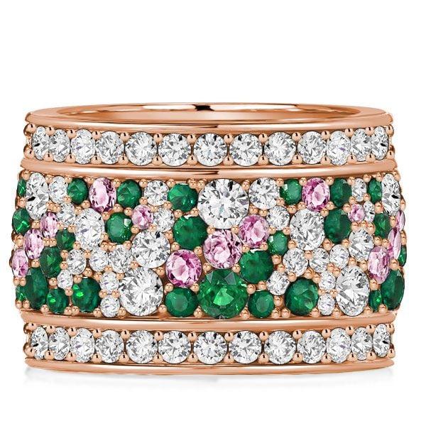 Multi-Row Emerald Wedding Band Ring in 925 Sterling Silver with Pink Stone Accents