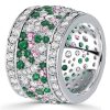 Multi-Row Emerald Wedding Band Ring in 925 Sterling Silver with Pink Stone Accents