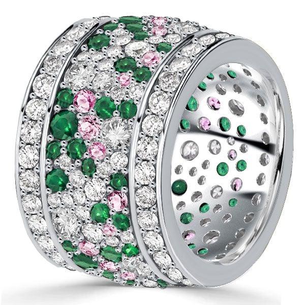 Multi-Row Emerald Wedding Band Ring in 925 Sterling Silver with Pink Stone Accents