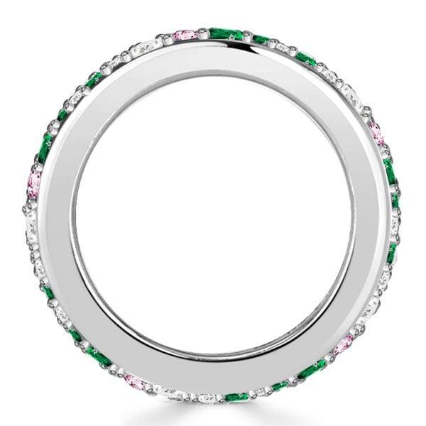 Multi-Row Emerald Wedding Band Ring in 925 Sterling Silver with Pink Stone Accents