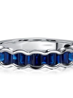 Channel Set Blue Sapphire Half Eternity Wedding Band in Sterling Silver