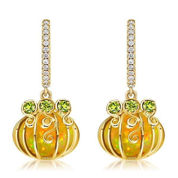 Sterling Silver Pumpkin Hoop Earrings with Opal Gemstone Accent - 18K Gold Plated
