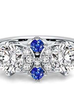 Vintage Blue and White Sapphire Engagement Ring in Rhodium Plated Sterling Silver
