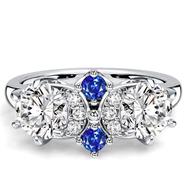 Vintage Blue and White Sapphire Engagement Ring in Rhodium Plated Sterling Silver