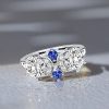 Vintage Blue and White Sapphire Engagement Ring in Rhodium Plated Sterling Silver