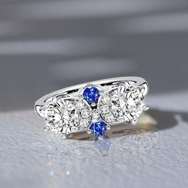 Vintage Blue and White Sapphire Engagement Ring in Rhodium Plated Sterling Silver