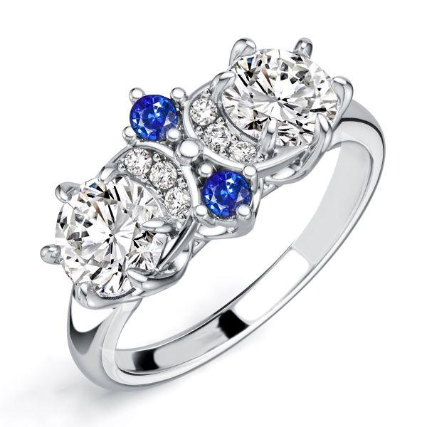 Vintage Blue and White Sapphire Engagement Ring in Rhodium Plated Sterling Silver