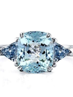 Aquamarine 3-Stone Cushion Cut Engagement Ring - Sterling Silver