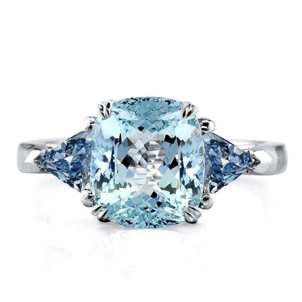 Aquamarine 3-Stone Cushion Cut Engagement Ring - Sterling Silver