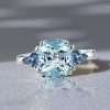 Aquamarine 3-Stone Cushion Cut Engagement Ring - Sterling Silver