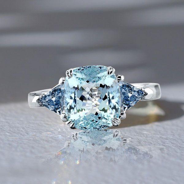 Aquamarine 3-Stone Cushion Cut Engagement Ring - Sterling Silver