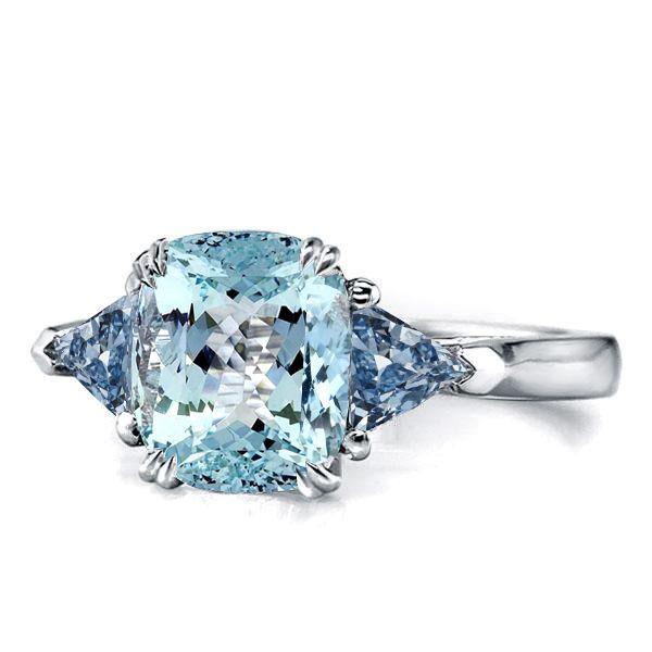 Aquamarine 3-Stone Cushion Cut Engagement Ring - Sterling Silver