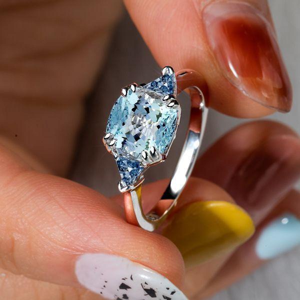 Aquamarine 3-Stone Cushion Cut Engagement Ring - Sterling Silver