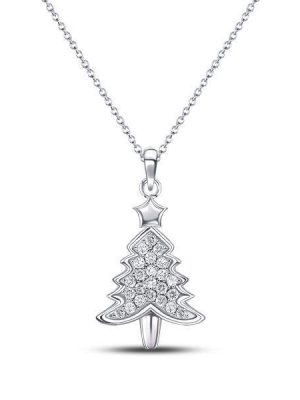 White Sapphire Christmas Tree Pendant Necklace in Sterling Silver