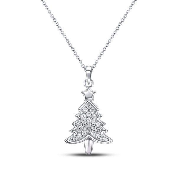 White Sapphire Christmas Tree Pendant Necklace in Sterling Silver