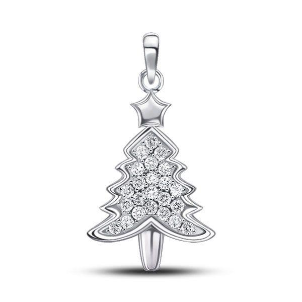 White Sapphire Christmas Tree Pendant Necklace in Sterling Silver