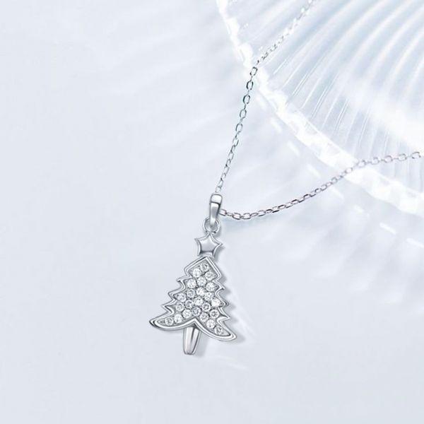 White Sapphire Christmas Tree Pendant Necklace in Sterling Silver