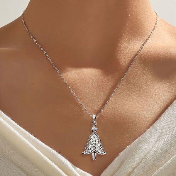 White Sapphire Christmas Tree Pendant Necklace in Sterling Silver