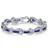 Art Deco Princess Cut Blue Sapphire Tennis Bracelet in Rhodium Plated Sterling Silver