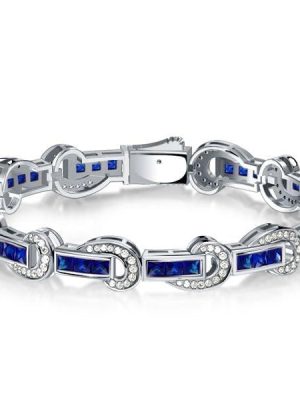 Art Deco Princess Cut Blue Sapphire Tennis Bracelet in Rhodium Plated Sterling Silver