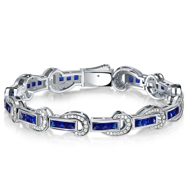 Art Deco Princess Cut Blue Sapphire Tennis Bracelet in Rhodium Plated Sterling Silver