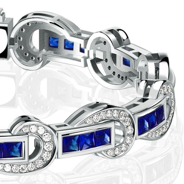 Art Deco Princess Cut Blue Sapphire Tennis Bracelet in Rhodium Plated Sterling Silver