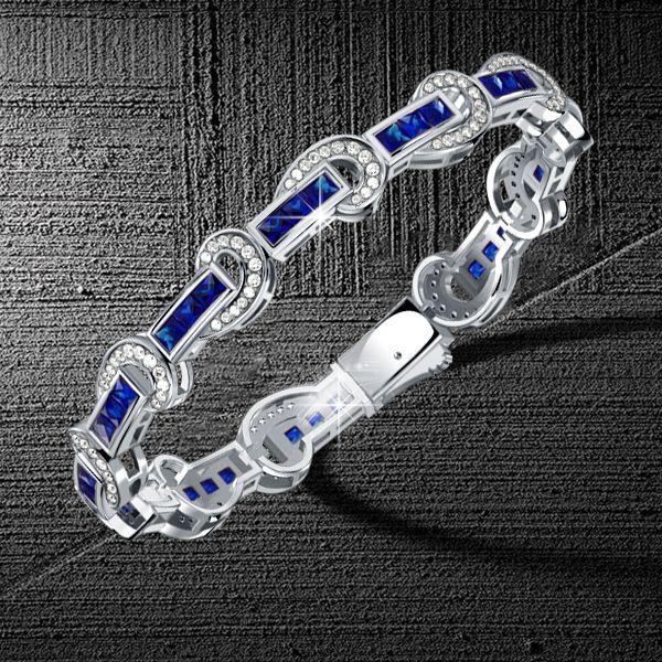 Art Deco Princess Cut Blue Sapphire Tennis Bracelet in Rhodium Plated Sterling Silver