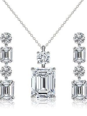 White Sapphire Emerald Cut Necklace & Drop Earrings Set - Sterling Silver