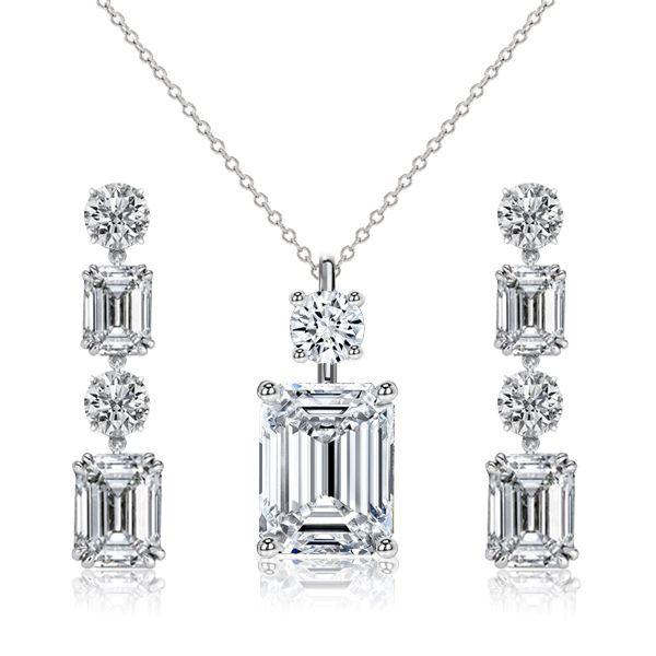 White Sapphire Emerald Cut Necklace & Drop Earrings Set - Sterling Silver