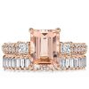 Emerald Cut Morganite Bridal Set Wedding Rings in 18K Rose Gold Plated Sterling Silver