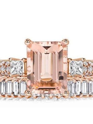 Emerald Cut Morganite Bridal Set Wedding Rings in 18K Rose Gold Plated Sterling Silver