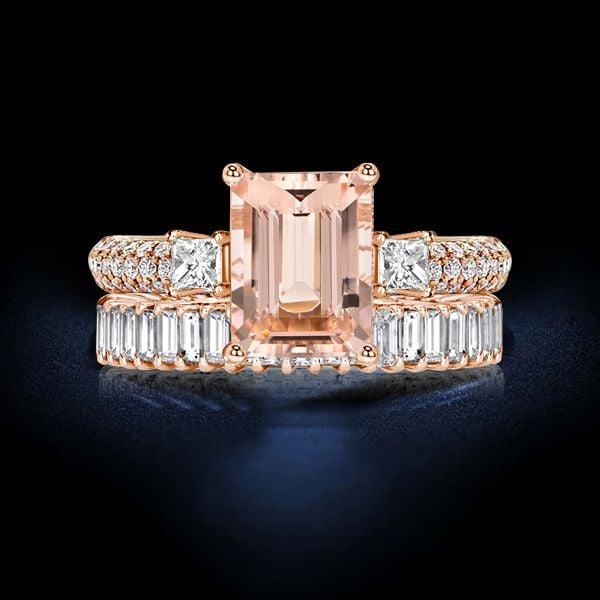 Emerald Cut Morganite Bridal Set Wedding Rings in 18K Rose Gold Plated Sterling Silver