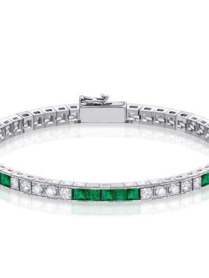 Sterling Silver Alternating Emerald & White Asscher Cut Tennis Bracelet for Women