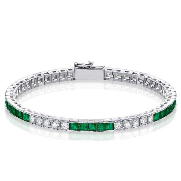Sterling Silver Alternating Emerald & White Asscher Cut Tennis Bracelet for Women