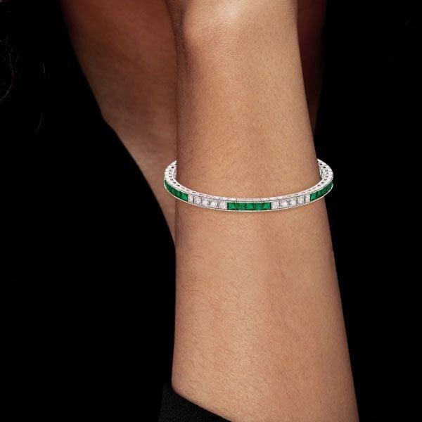 Sterling Silver Alternating Emerald & White Asscher Cut Tennis Bracelet for Women